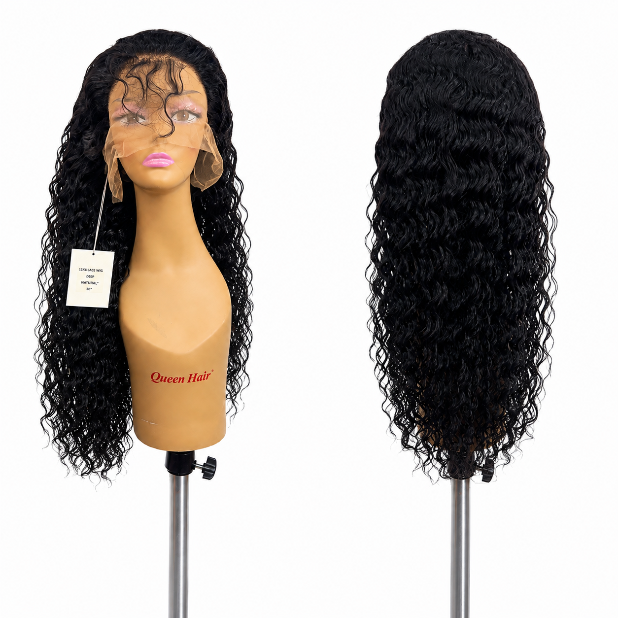 100% Human Hair 13x6 HD Lace Front DEEP WAVE Wig, available in Natural Black and P4/27 Highlight, in lengths 22 to 38 inches.