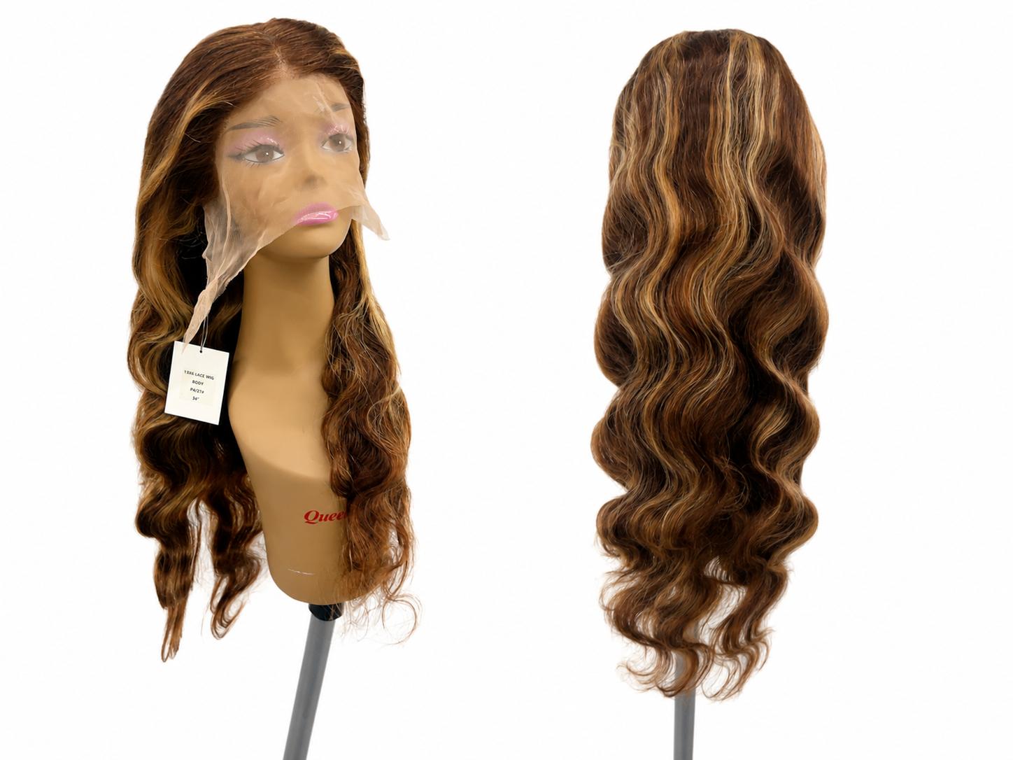 100% Human Hair 13x6 HD Lace Front BODY WAVE Wig, available in Natural Black and P4/27 Highlight, in lengths 22 to 38 inches.