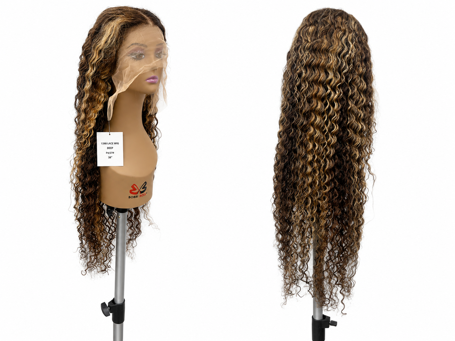 100% Human Hair 13x6 HD Lace Front DEEP WAVE Wig, available in Natural Black and P4/27 Highlight, in lengths 22 to 38 inches.