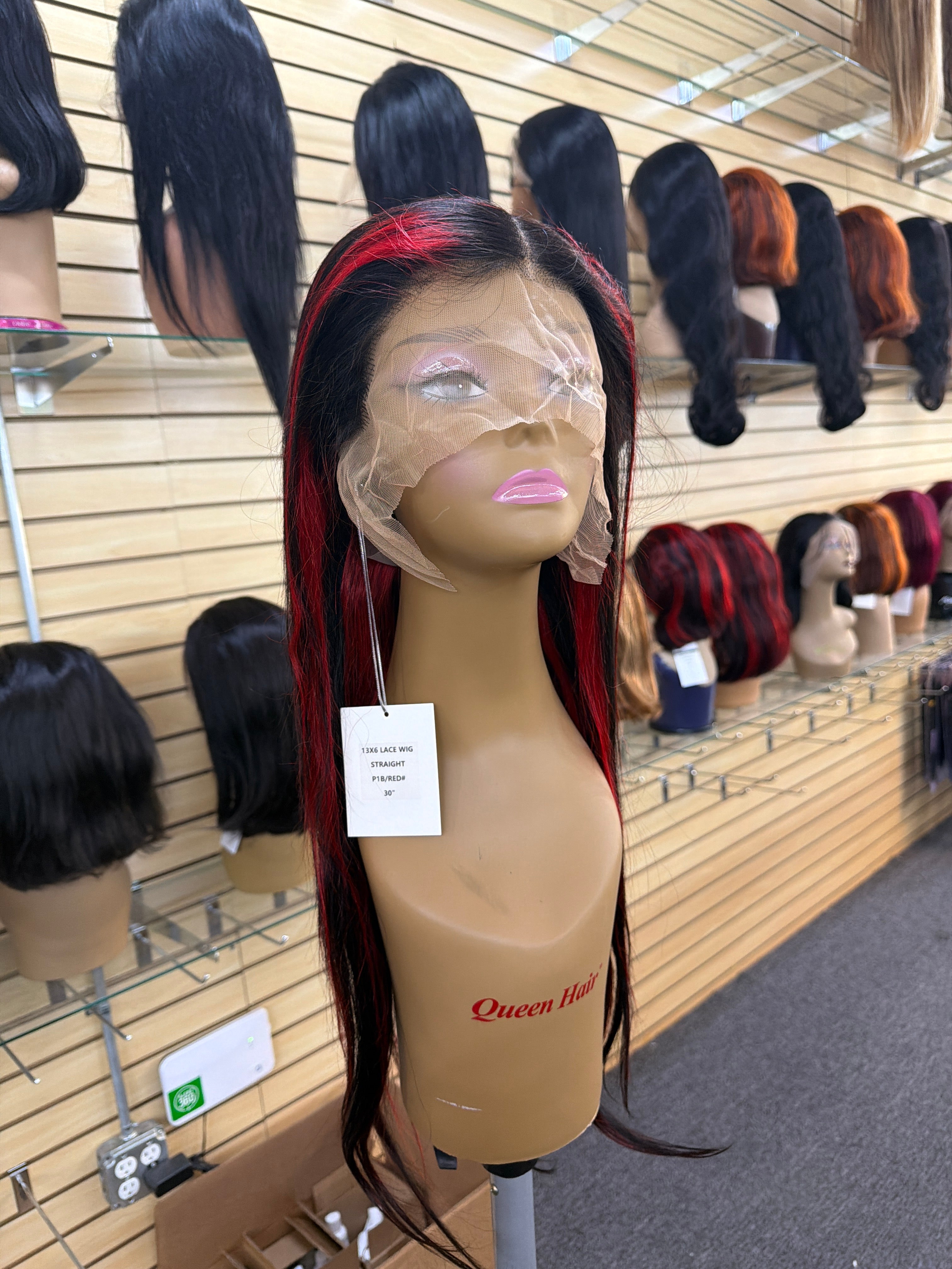13x6 HD Lace Front Wig – Straight – Black & Red Highlight – 180% Density