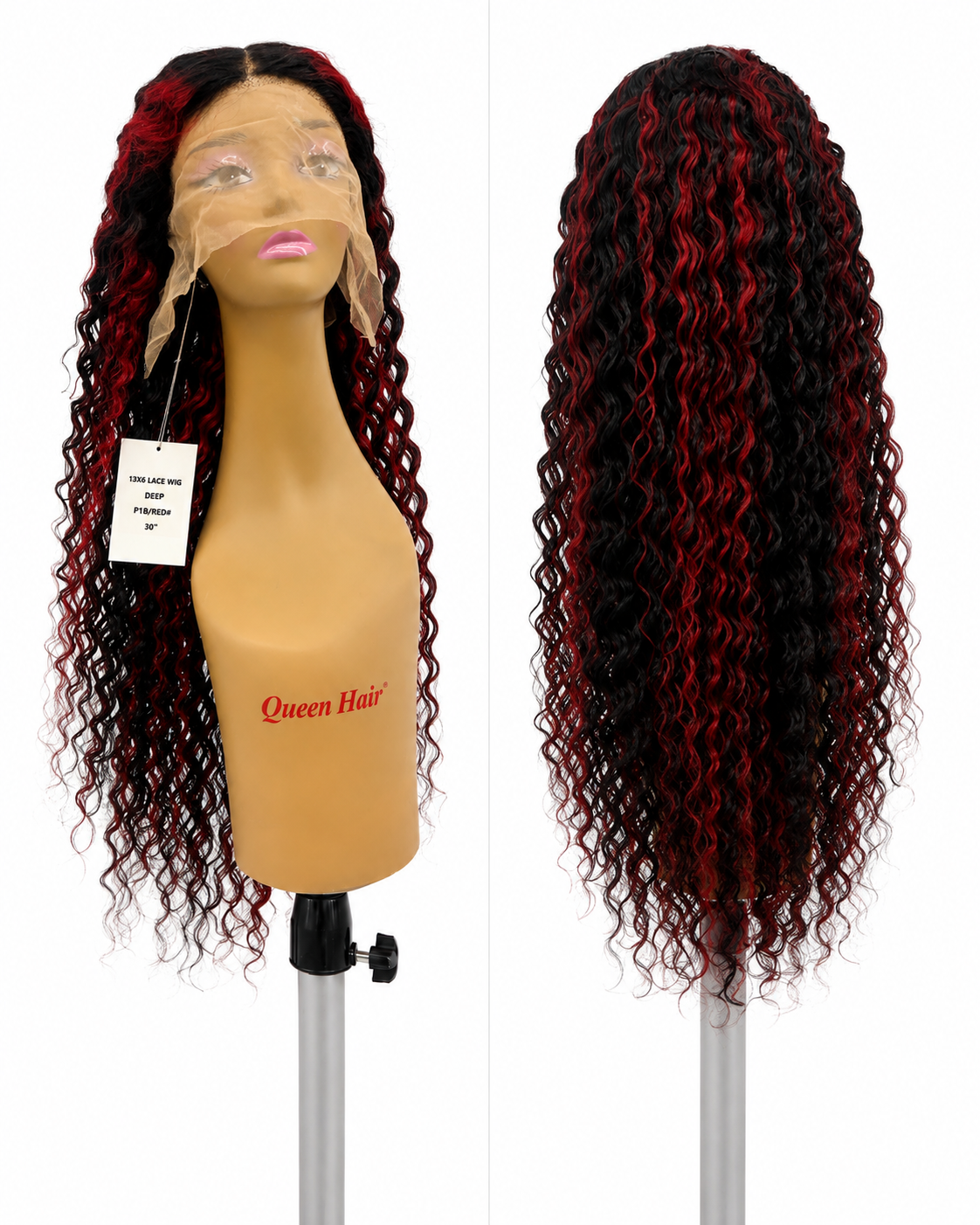 30” Deep Wave 13x6 Lace Front Wig – 100% Human Hair – P1B/Red Highlight
