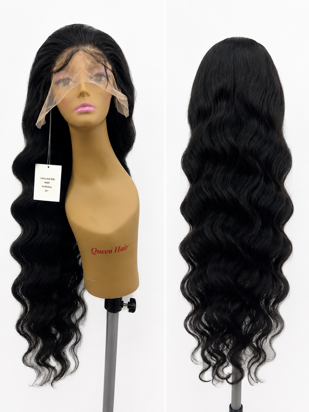 100% Human Hair 13x6 HD Lace Front BODY WAVE Wig, available in Natural Black and P4/27 Highlight, in lengths 22 to 38 inches.