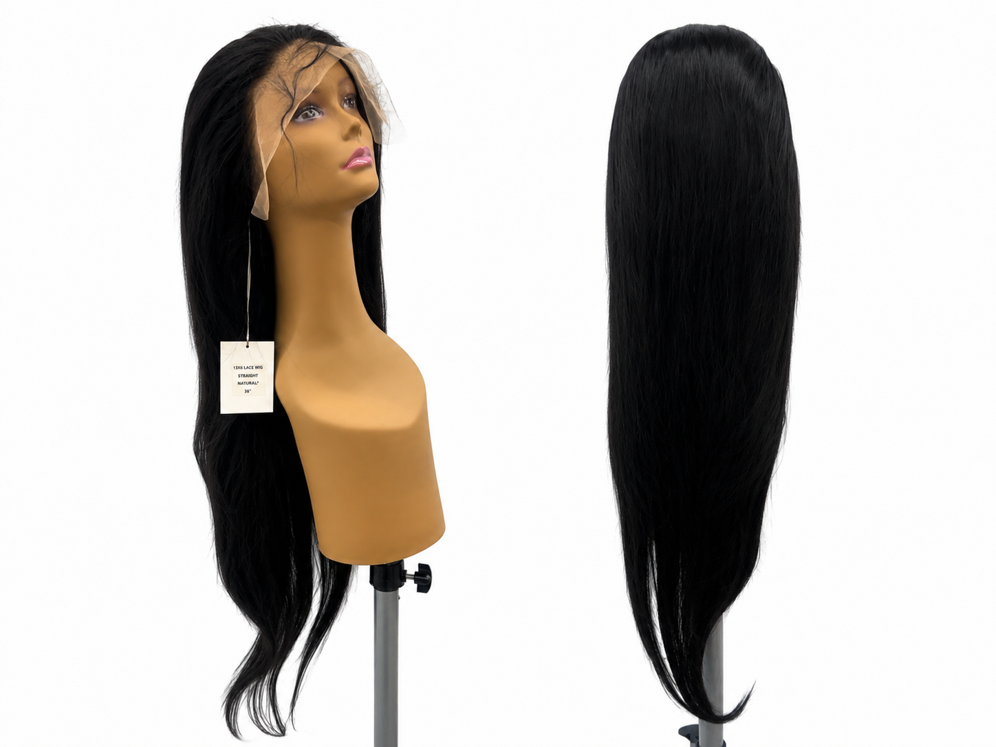 100% Human Hair 13x6 HD Lace Front Straight Wig, available in Natural Black and P4/27 Highlight, in lengths 22 to 38 inches.