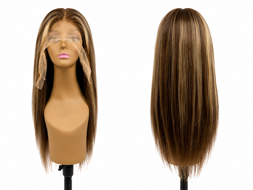 100% Human Hair 13x6 HD Lace Front Straight Wig, available in Natural Black and P4/27 Highlight, in lengths 22 to 38 inches.