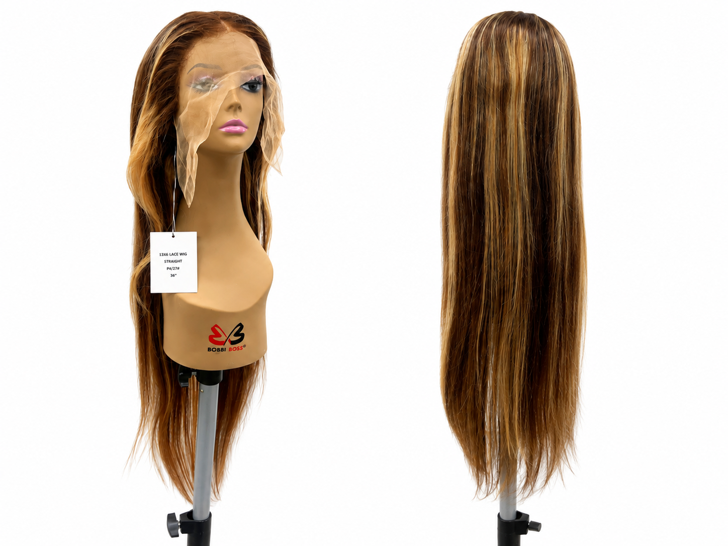 100% Human Hair 13x6 HD Lace Front Straight Wig, available in Natural Black and P4/27 Highlight, in lengths 22 to 38 inches.