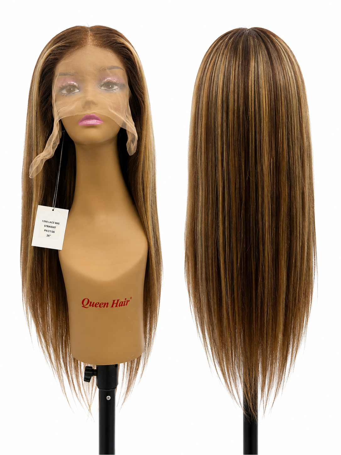 100% Human Hair 13x6 HD Lace Front Straight Wig, available in Natural Black and P4/27 Highlight, in lengths 22 to 38 inches.