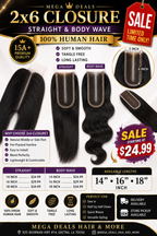 2x6 HD Lace Closure – 100% Human Hair | Straight & Body Wave | 14”-18”