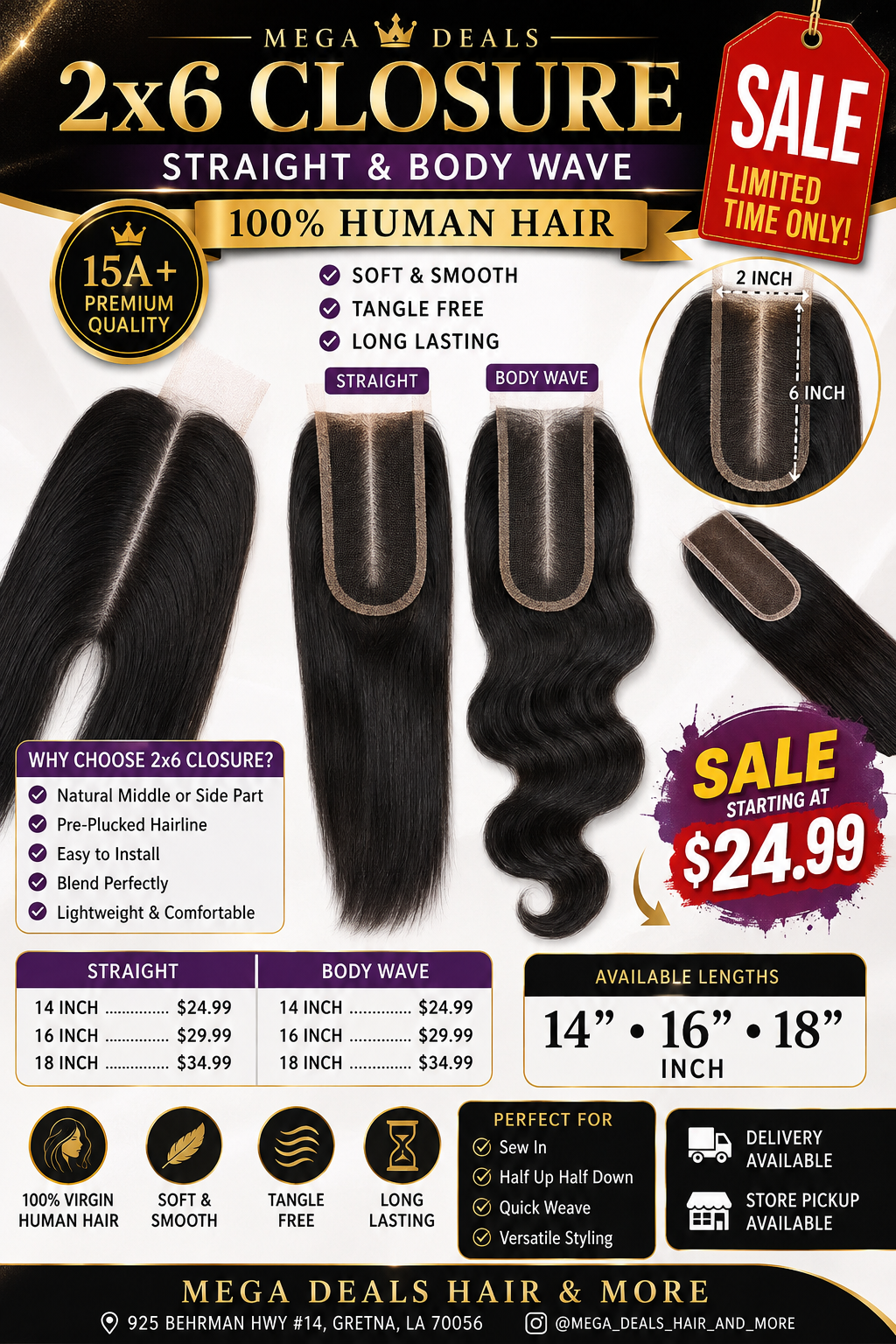 2x6 HD Lace Closure – 100% Human Hair | Straight & Body Wave | 14”-18”