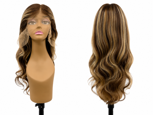 100% Human Hair 13x6 HD Lace Front BODY WAVE Wig, available in Natural Black and P4/27 Highlight, in lengths 22 to 38 inches.