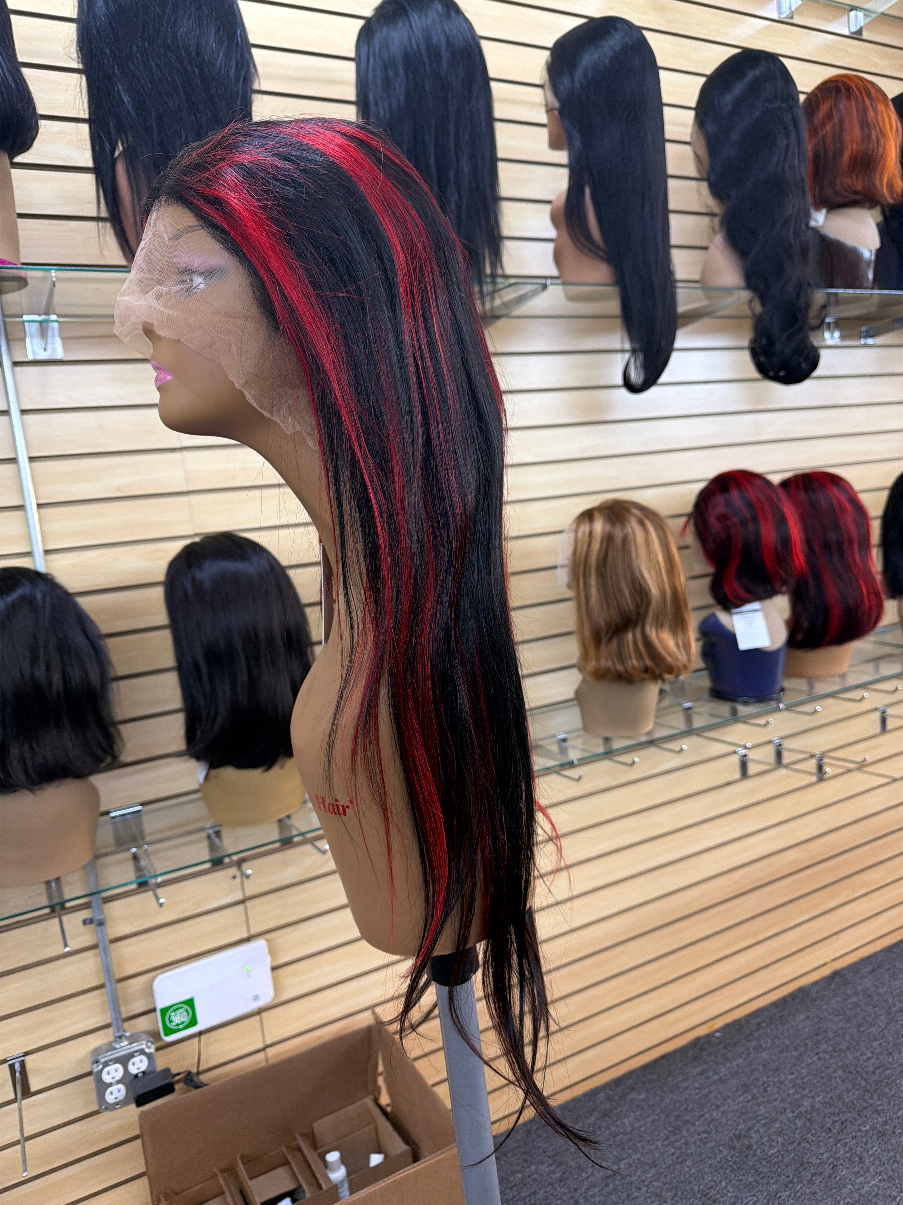13x6 HD Lace Front Wig – Straight – Black & Red Highlight – 180% Density