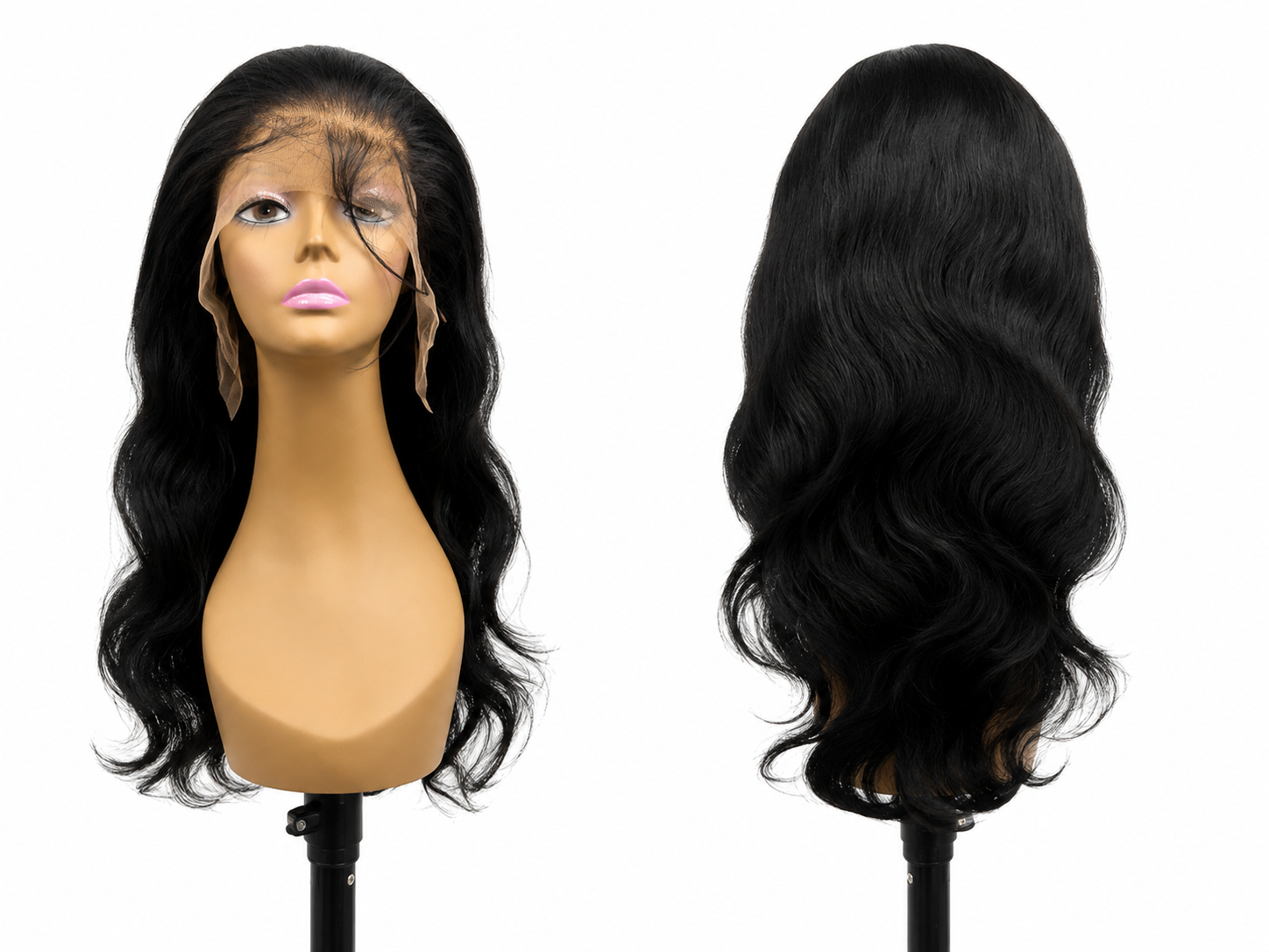 100% Human Hair 13x6 HD Lace Front BODY WAVE Wig, available in Natural Black and P4/27 Highlight, in lengths 22 to 38 inches.