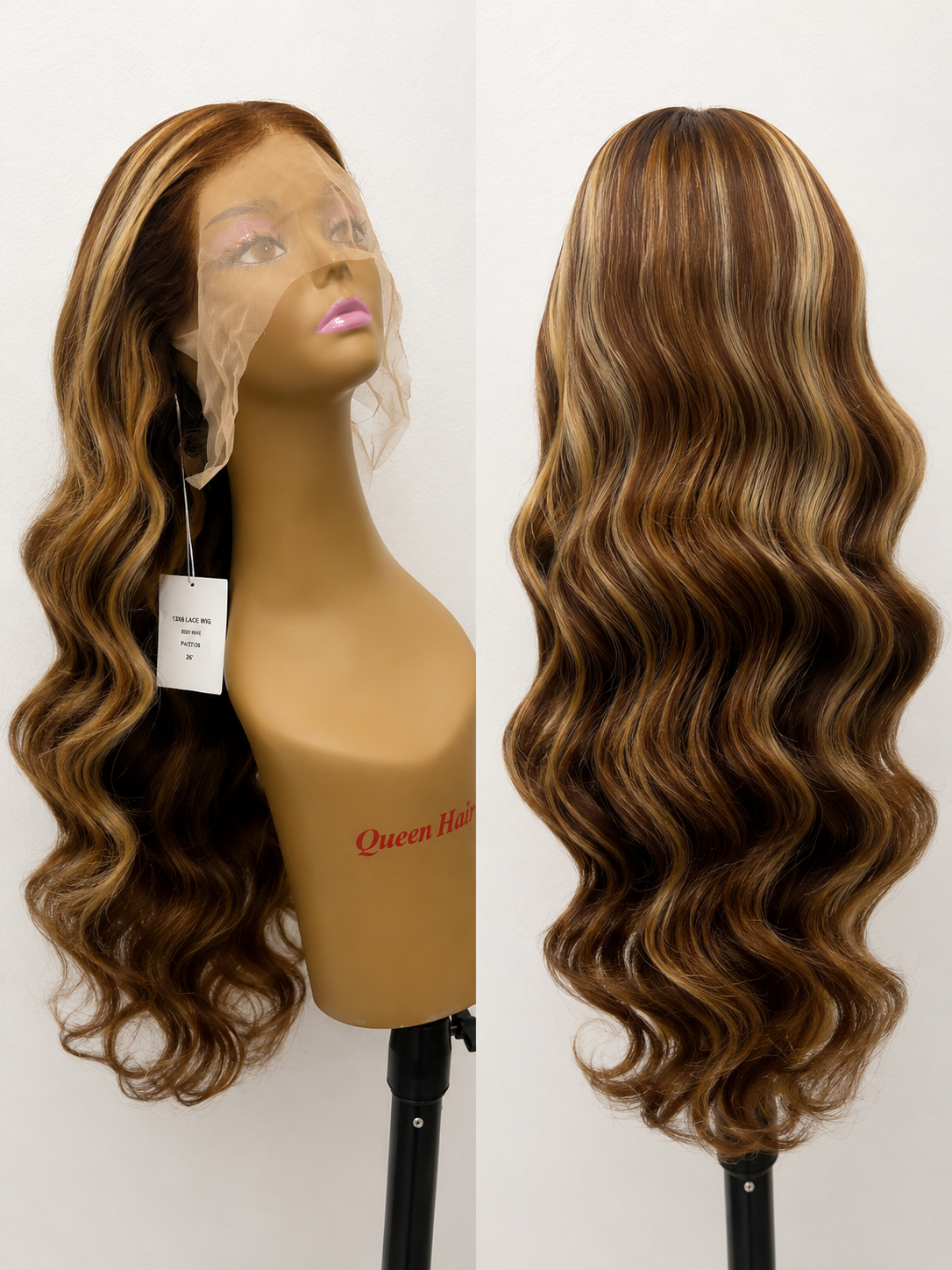 100% Human Hair 13x6 HD Lace Front BODY WAVE Wig, available in Natural Black and P4/27 Highlight, in lengths 22 to 38 inches.