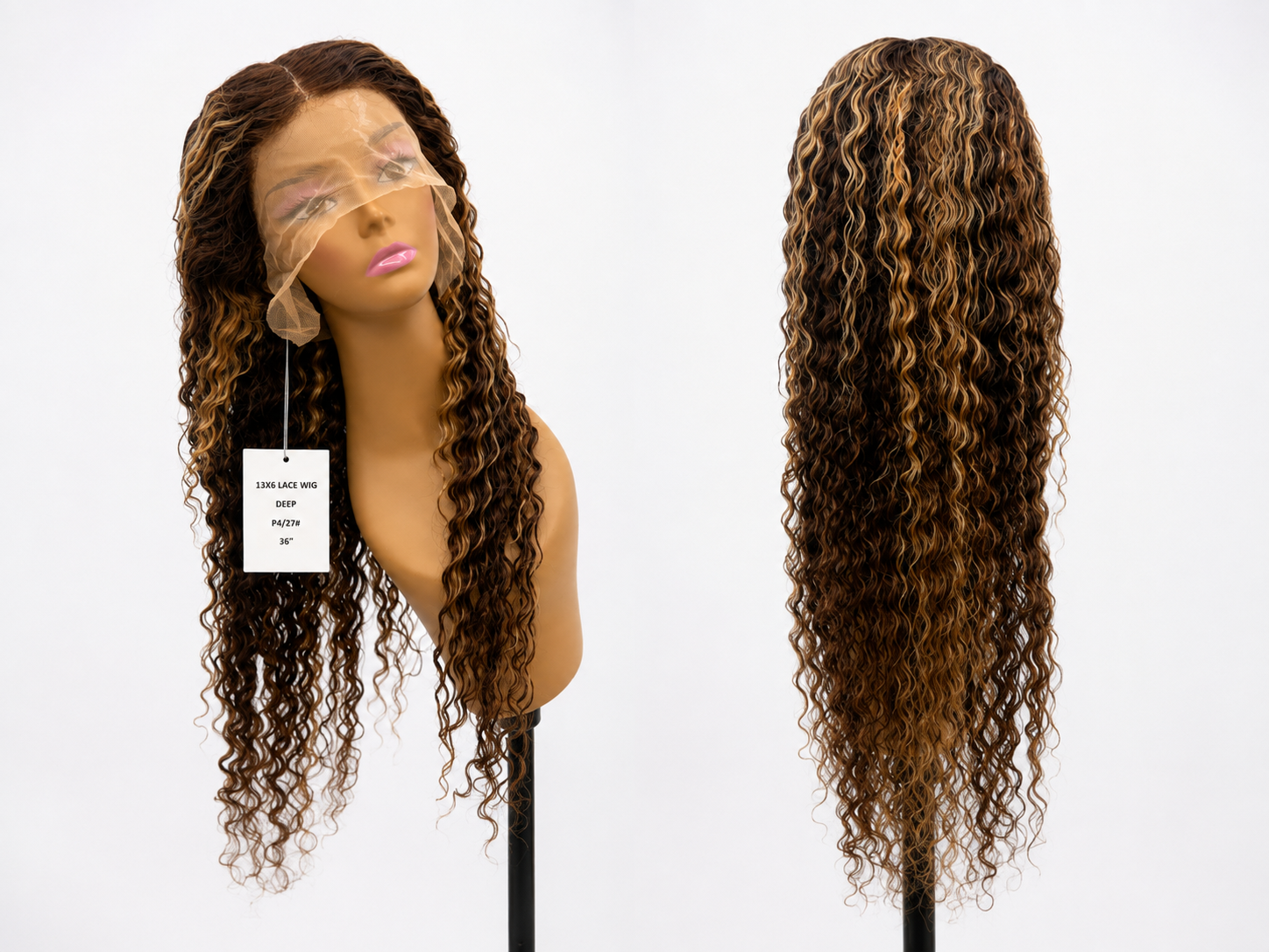 100% Human Hair 13x6 HD Lace Front DEEP WAVE Wig, available in Natural Black and P4/27 Highlight, in lengths 22 to 38 inches.
