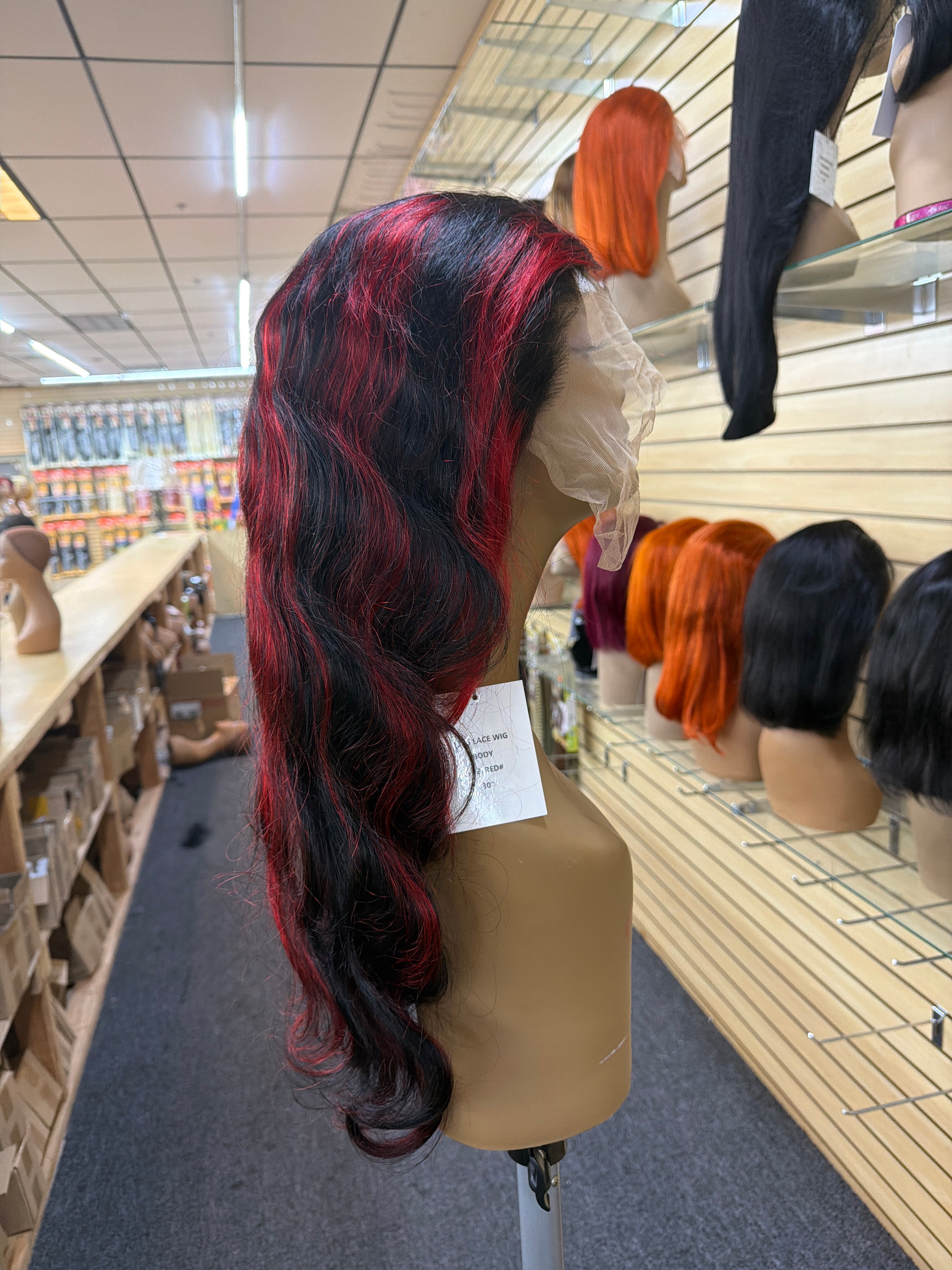 30” Body Wave HD Lace Front Wig 13x6 – 100% Human Hair – Black & Red Highlight (1B/Red)