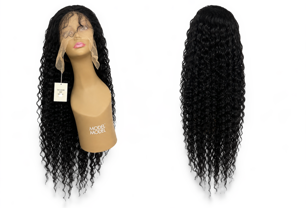 100% Human Hair 13x6  Lace Front DEEP WAVE Wig, available in Natural Black and P4/27 Highlight, in lengths 22 to 38 inches.