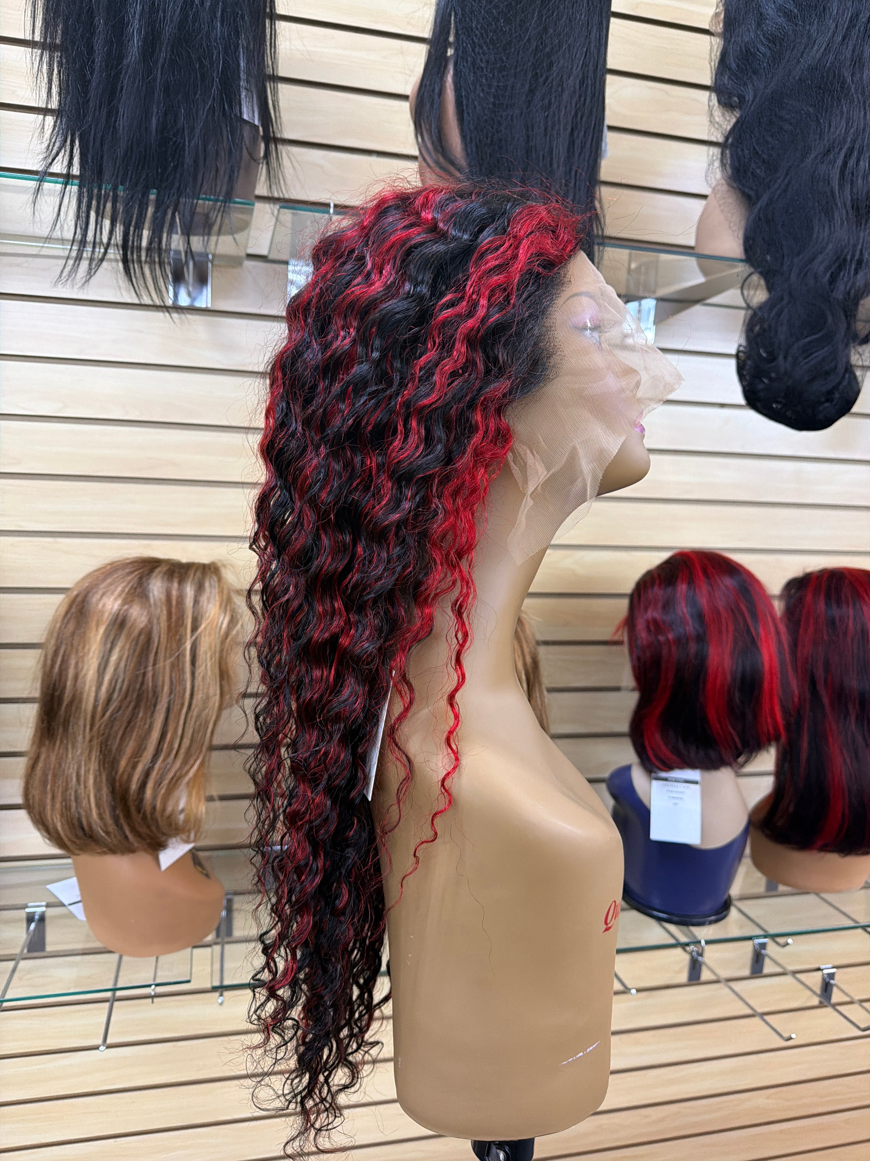 30” Deep Wave 13x6 Lace Front Wig – 100% Human Hair – P1B/Red Highlight