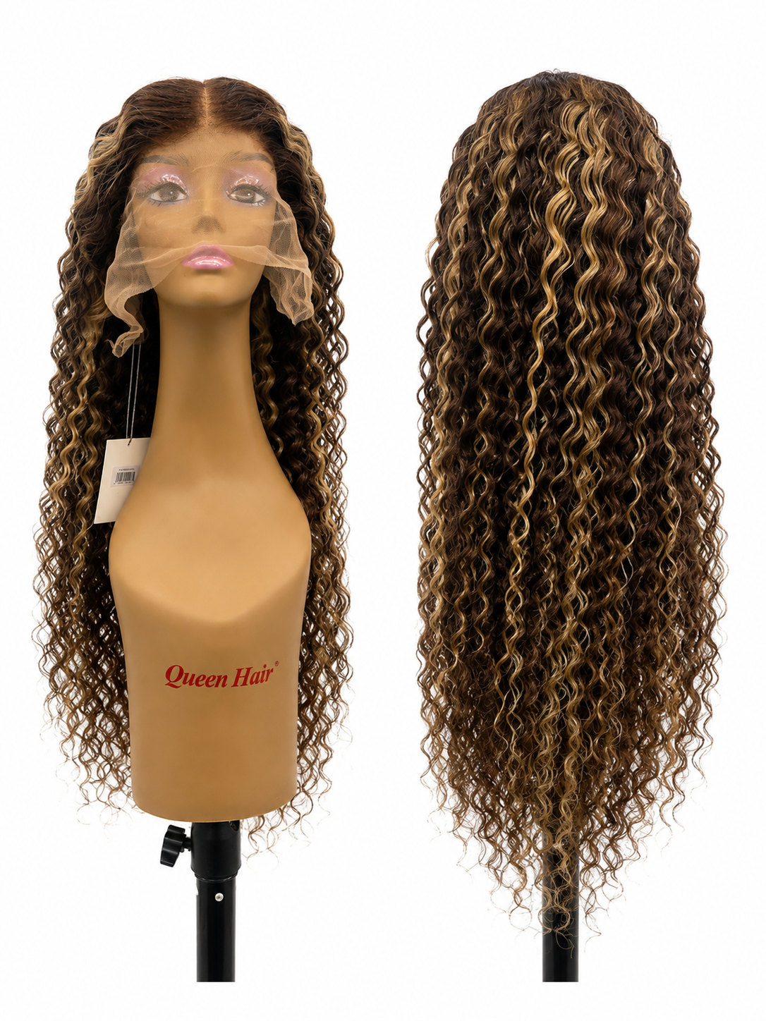 100% Human Hair 13x6 HD Lace Front DEEP WAVE Wig, available in Natural Black and P4/27 Highlight, in lengths 22 to 38 inches.