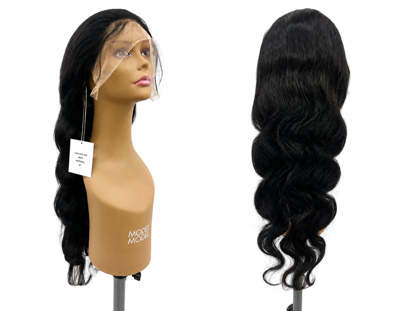 100% Human Hair 13x6 HD Lace Front BODY WAVE Wig, available in Natural Black and P4/27 Highlight, in lengths 22 to 38 inches.
