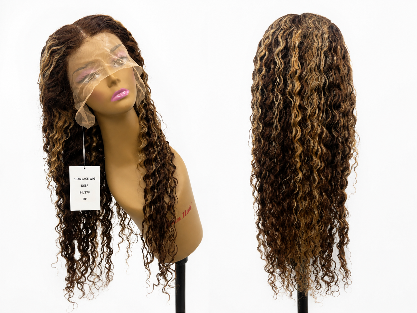 100% Human Hair 13x6 HD Lace Front DEEP WAVE Wig, available in Natural Black and P4/27 Highlight, in lengths 22 to 38 inches.