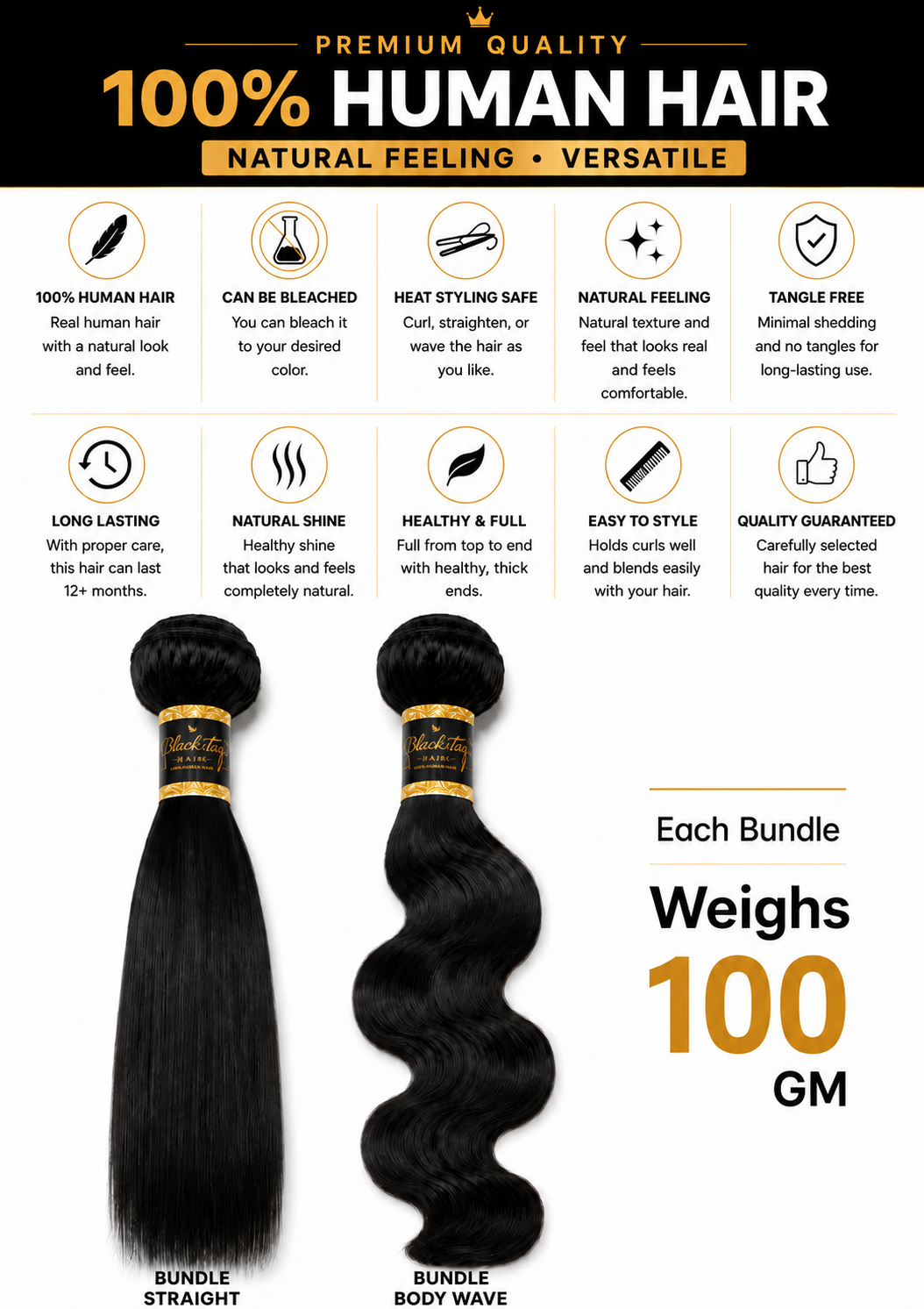 Black Tag 100% Human Hair Bundles | Single Bundle & 3-Bundle Deals