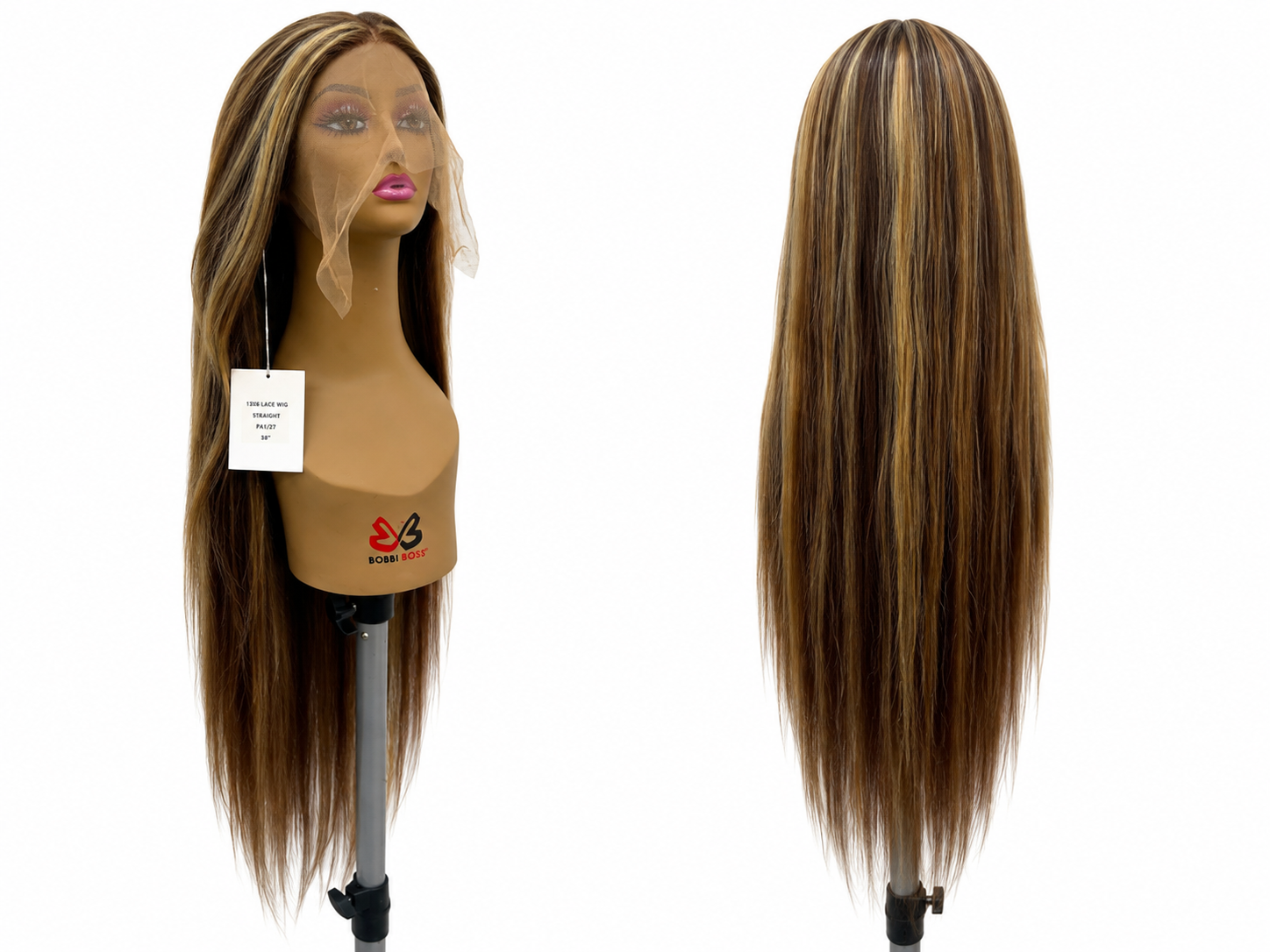 100% Human Hair 13x6 HD Lace Front Straight Wig, available in Natural Black and P4/27 Highlight, in lengths 22 to 38 inches.