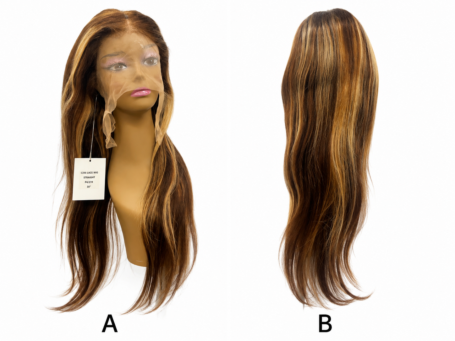 100% Human Hair 13x6 HD Lace Front Straight Wig, available in Natural Black and P4/27 Highlight, in lengths 22 to 38 inches.