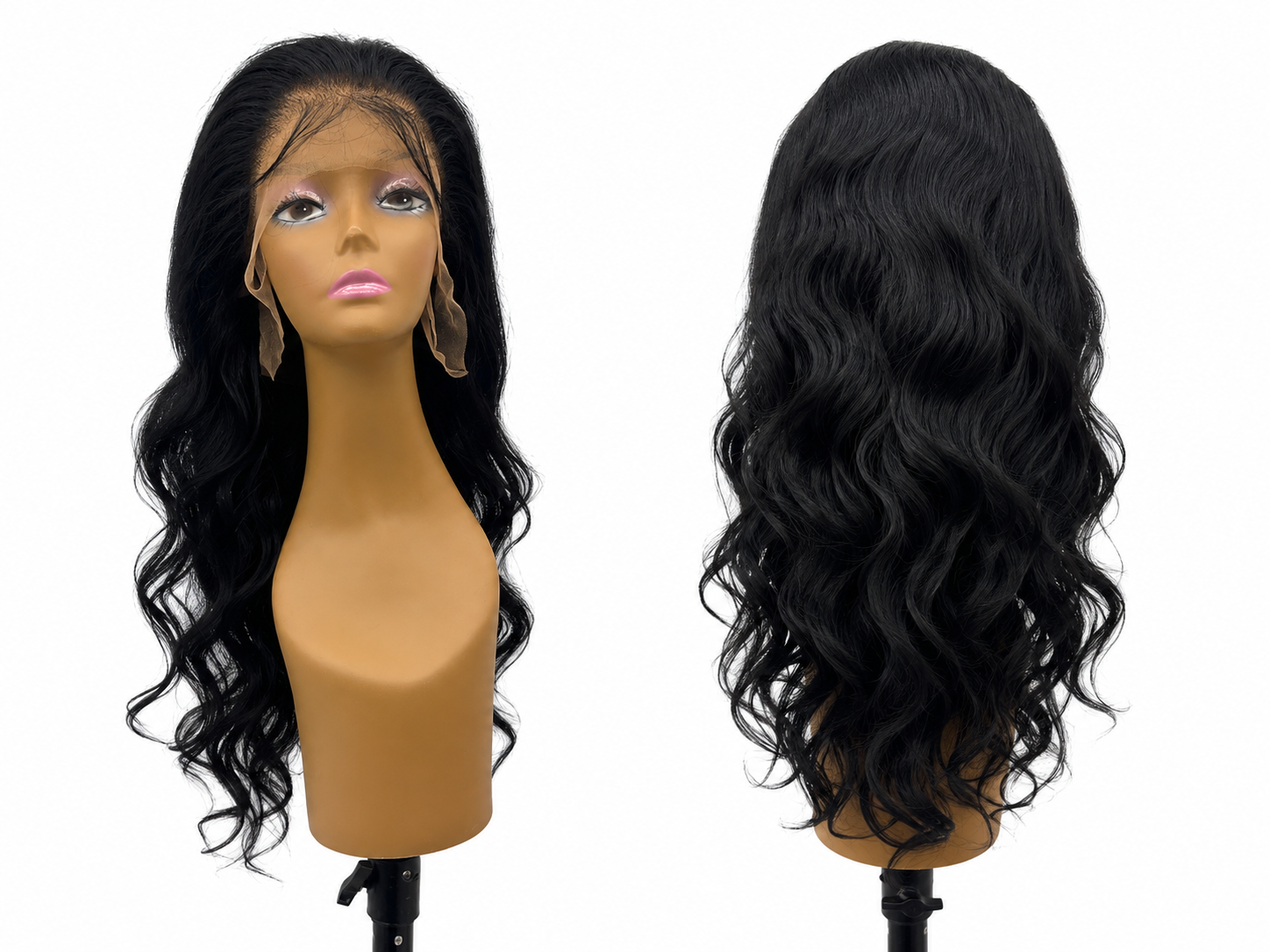 100% Human Hair 13x6 HD Lace Front BODY WAVE Wig, available in Natural Black and P4/27 Highlight, in lengths 22 to 38 inches.