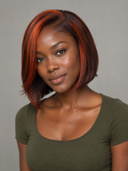 Model wearing a dark bob wig with copper highlights