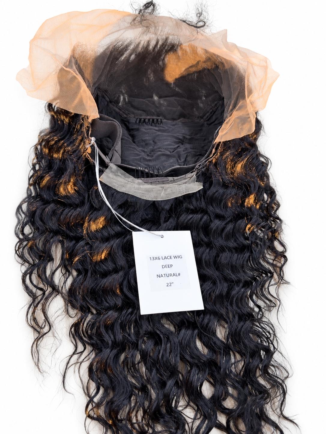 Actual inside-cap view — 13x6 Natural Black Deep Wave 22-inch lace wig