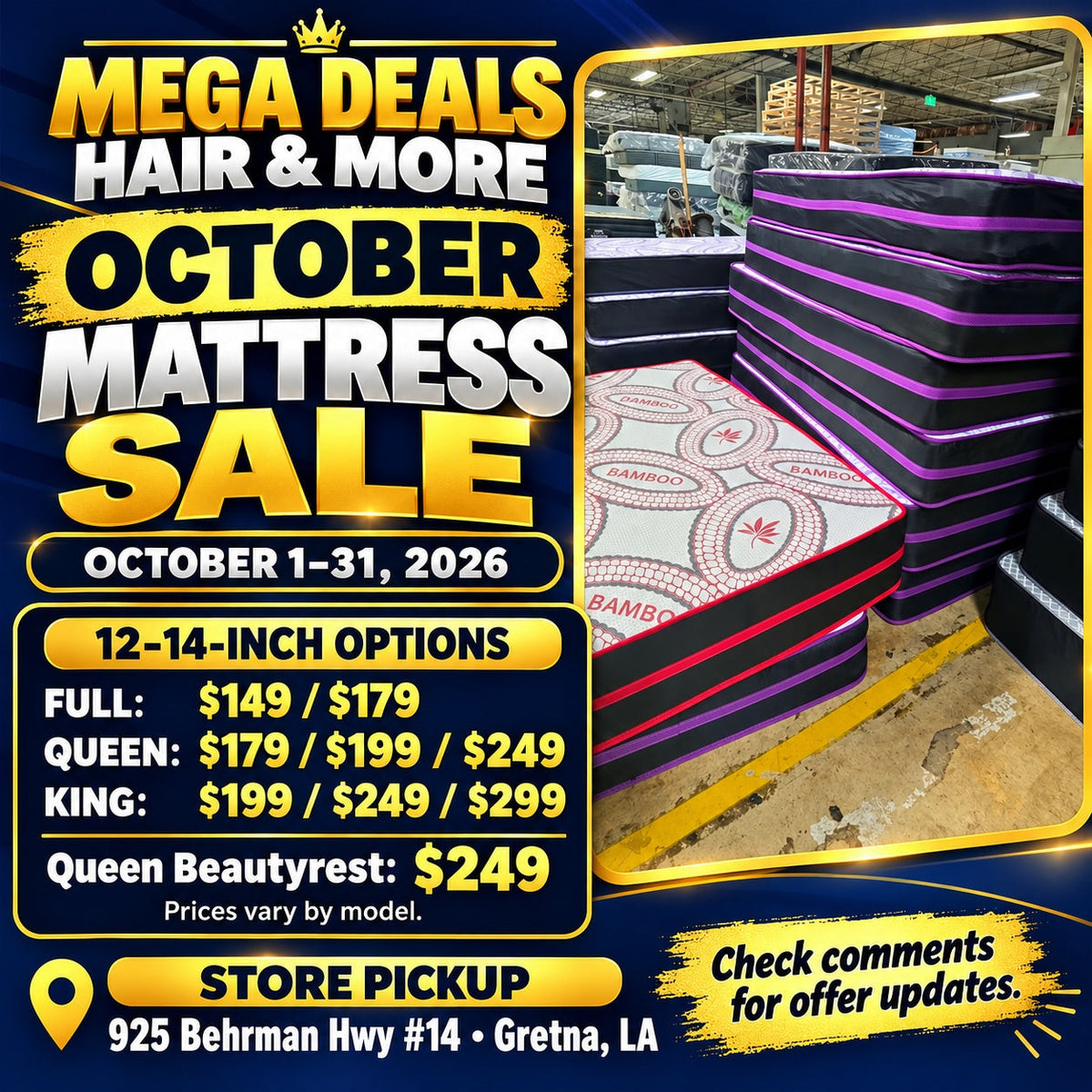 October mattress sale price chart